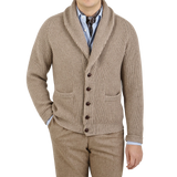 William Lockie Natural Beige Cashmere Shawl Collar Cardigan Front