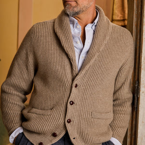 William Lockie Natural Beige Cashmere Shawl Collar Cardigan Model