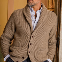 William Lockie Natural Beige Cashmere Shawl Collar Cardigan Model