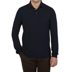 Zanone Navy Blue Ice Cotton LS Polo Shirt Front