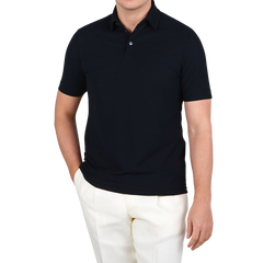 Zanone Navy Blue Ice Cotton Polo Shirt Front