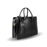 The sleek Frank Clegg black leather tote bag with a zip-top design.