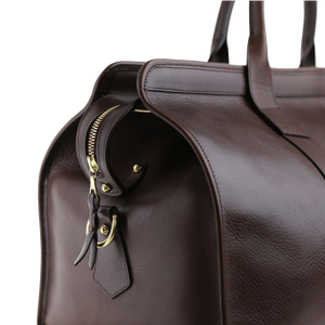 Frank Clegg chocolate signature travel duffle bag detail